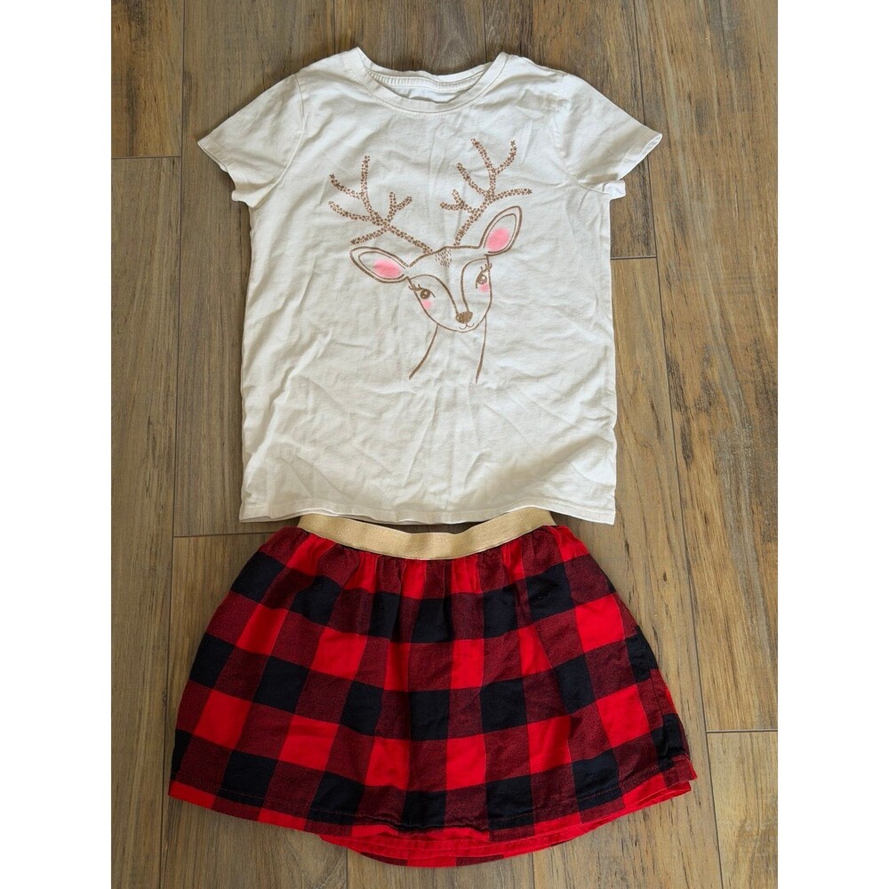 Girls Holiday Outfit Cat & Jack Reindeer Tee 7/8 Carter's Plaid Skirt 6/6X